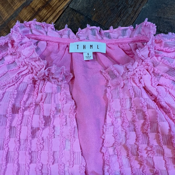 THML Pink Textured Check Puff Sleeve Mini Dress Size S | Ruffle Tiered Babydoll - Picture 4 of 6
